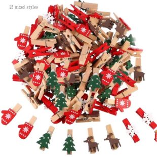 25pcs Mixed Styles Christmas Wood Clips Christmas Tree Photo Clips Elk Gloves Snowflake Clothespins DIY Photo Pegs for New Year