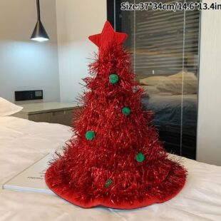Christmas Tree Hats Fabric Rain Silk Hat Funny Headwear for Party Costume Accessories Festival Holiday Decor for Adults Kids -Red