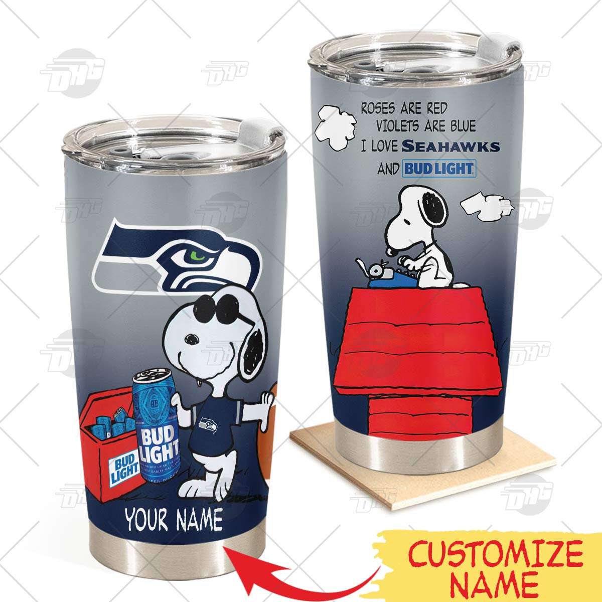 Personalized NFL Seattle Seahawks Tumbler Snoopy Bud Light Beer Lover Stainless Steel Tumbler 20oz 30oz - Wingear.shop - Personalize Your Own New & Retro Sports Jerseys, Hoodies, T Shirts