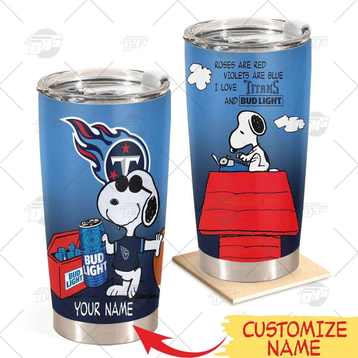 Personalized NFL Tennessee Titans Tumbler Snoopy Bud Light Beer Lover Stainless Steel Tumbler 20oz 30oz - Wingear.shop - Personalize Your Own New & Retro Sports Jerseys, Hoodies, T Shirts