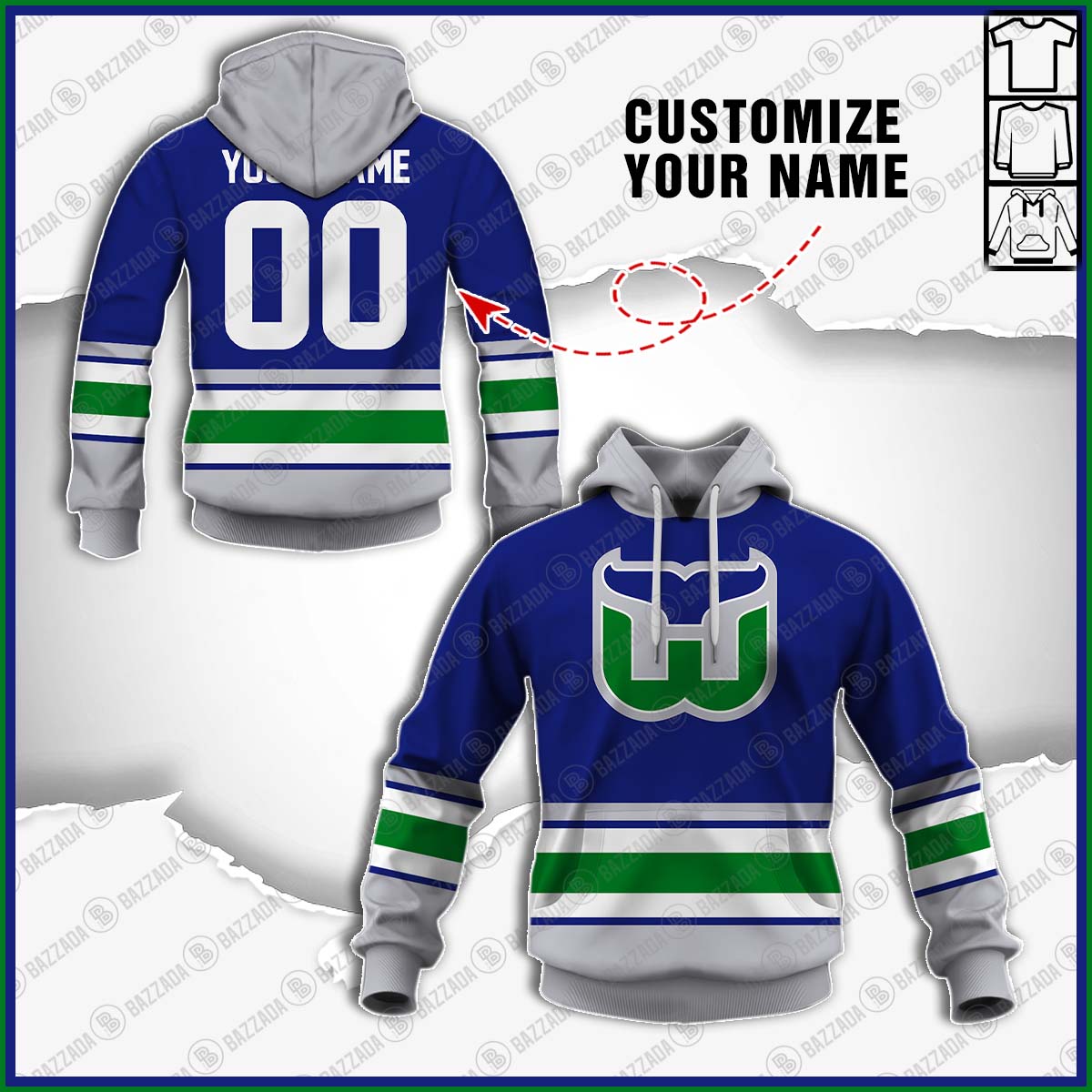 Personalized name and number Vintage NHL Hockey Hartford Whalers Throwback Jersey (1979-1997), Carolina Hurricanes (1985-1986)