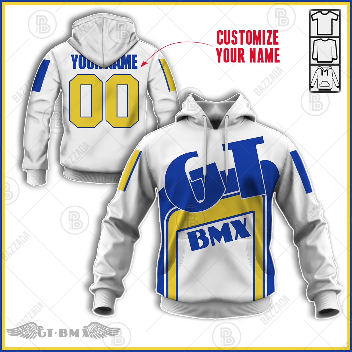 GT TEAM WHITE LINE BLUE YELLOW OLD SCHOOL BIKE JERSEY CLASSIC BMX JERSEY RACE BIKE SHIRT VINTAGE- Personalize name and number