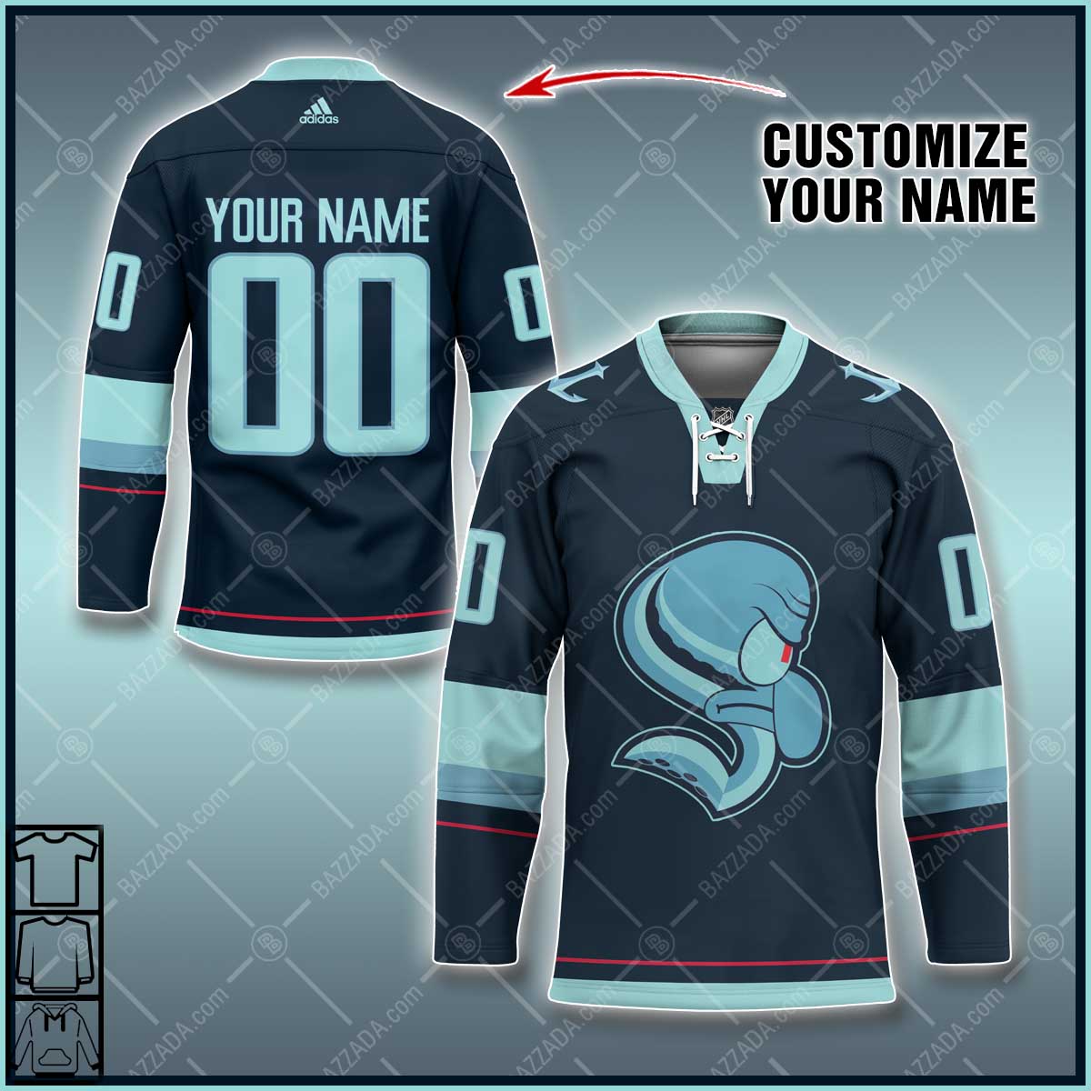 Personalize Name and number Hockey Jersey cartoon character Seattle Kraken logo-Squidward