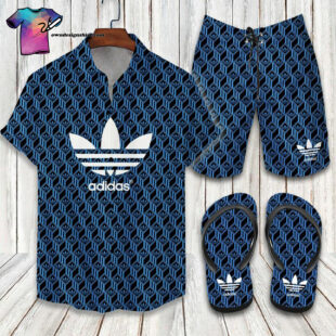 Adidas Blue Symbol Full Print Hawaiian Shirt Beach Shorts And Flip Flops - Hot Trend Summer
