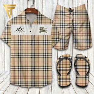Burberry Cream Logo Hawaiian Shirt Beach Shorts And Flip Flops - Hot Trend Summer