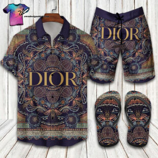 Christian Dior Vintage Full Print Hawaiian Shirt Beach Shorts And Flip Flops - Hot Trend Summer