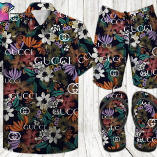 Classic Gucci Retro Full Print Hawaiian Shirt Beach Shorts And Flip Flops - Hot Trend Summer