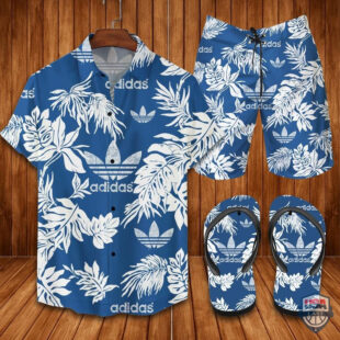 Adidas Floral Hawaiian Shirt Beach Short And Flip Flops - Hot Trend Summer